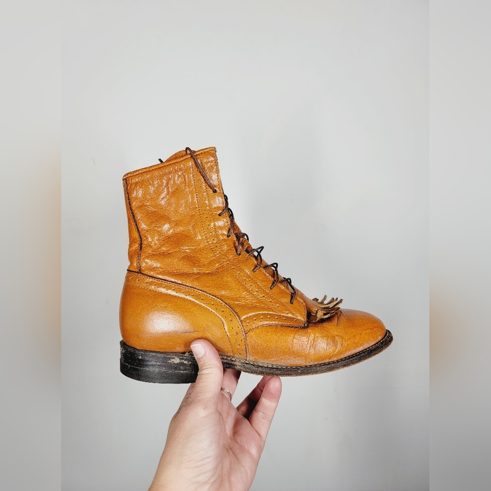 Justin Tan Lace-Up Leather Boots, Size 6.5B